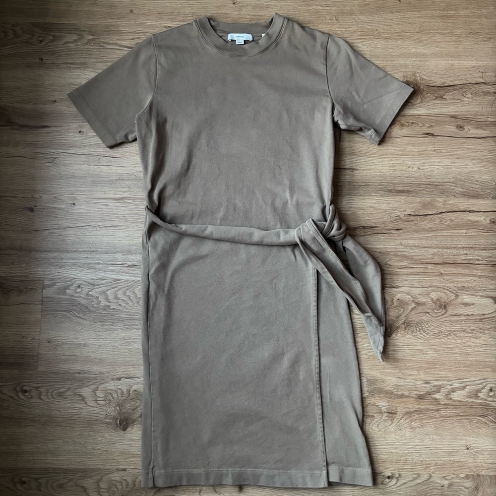 Vince side tie Short Sleeve Cotton T shirt Dress Shale Taupe XS minimalist chic - Picture 7 of 13